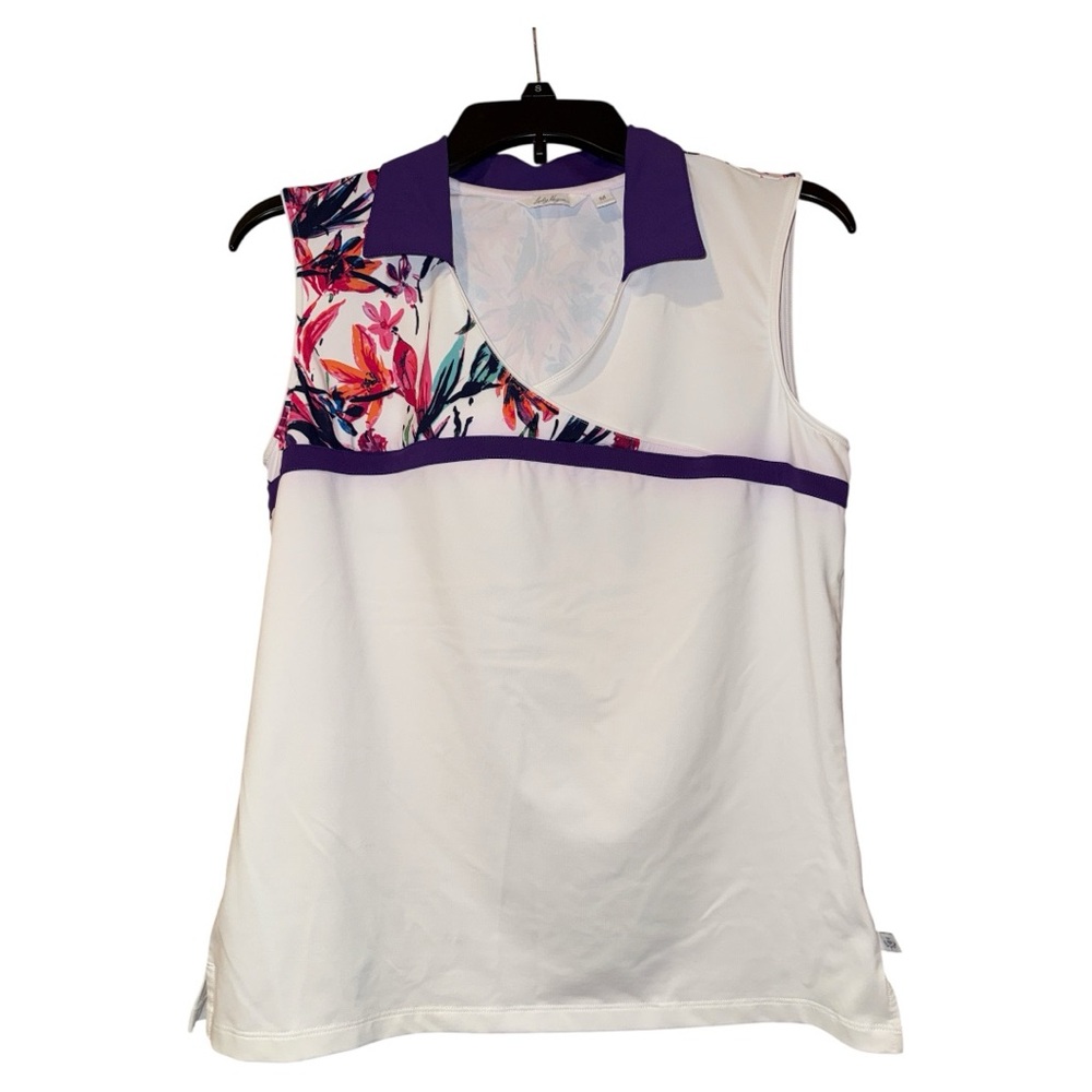 Lady Hagen Women's Sleeveless Polo Shirt Medium Golf Tennis Prep‎ White Floral